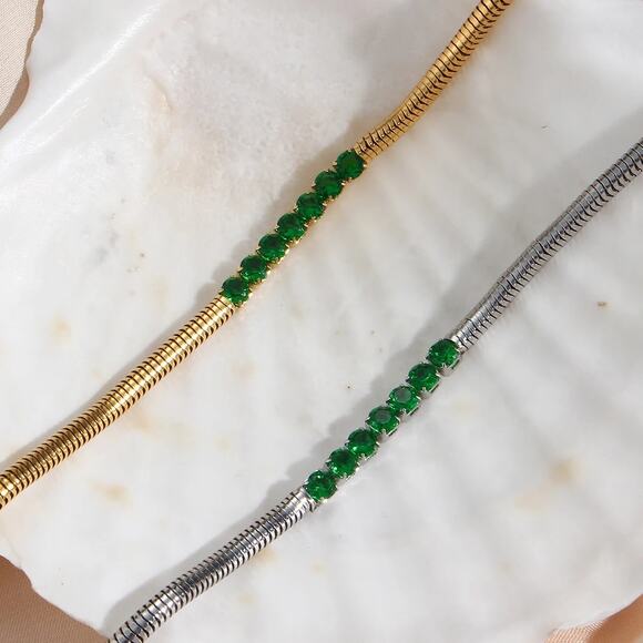 Emerald Green Zircon Snake‎ chain Bracelet 18K Gold Plated Stainless Steel - Picture 4 of 9